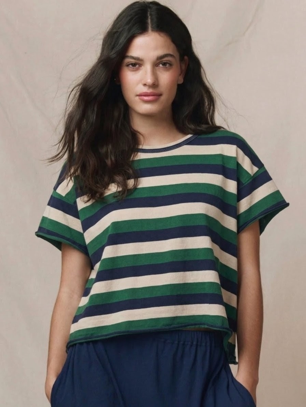 The Great The Crop Striped  Short-Sleeve Tee in Green/Navy/Cream Sz1/S